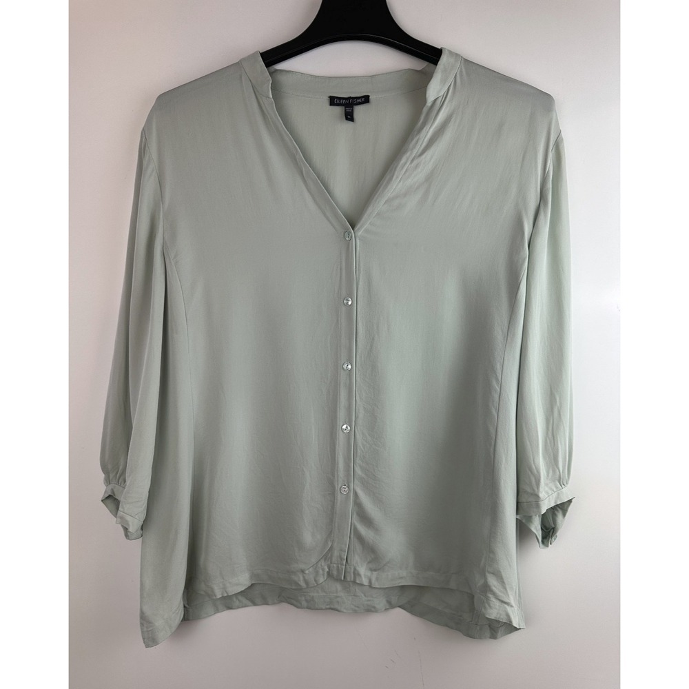 Eileen Fisher 100% Silk Button Front Blouse Size XL Minimalist Luxe Top *Flawed - Picture 2 of 16